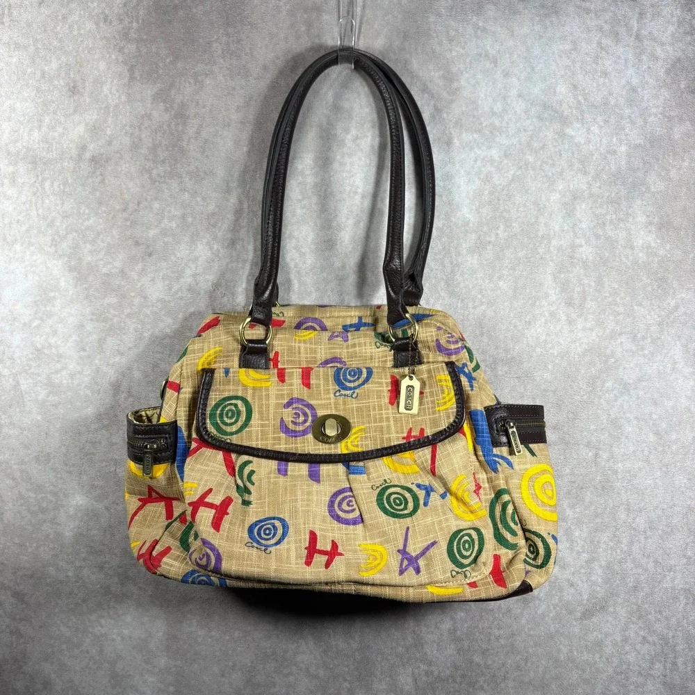 Coach Handbag Medium Tan Multi Poppy Scribble Graffiti Satchel‎ Canvas Leather